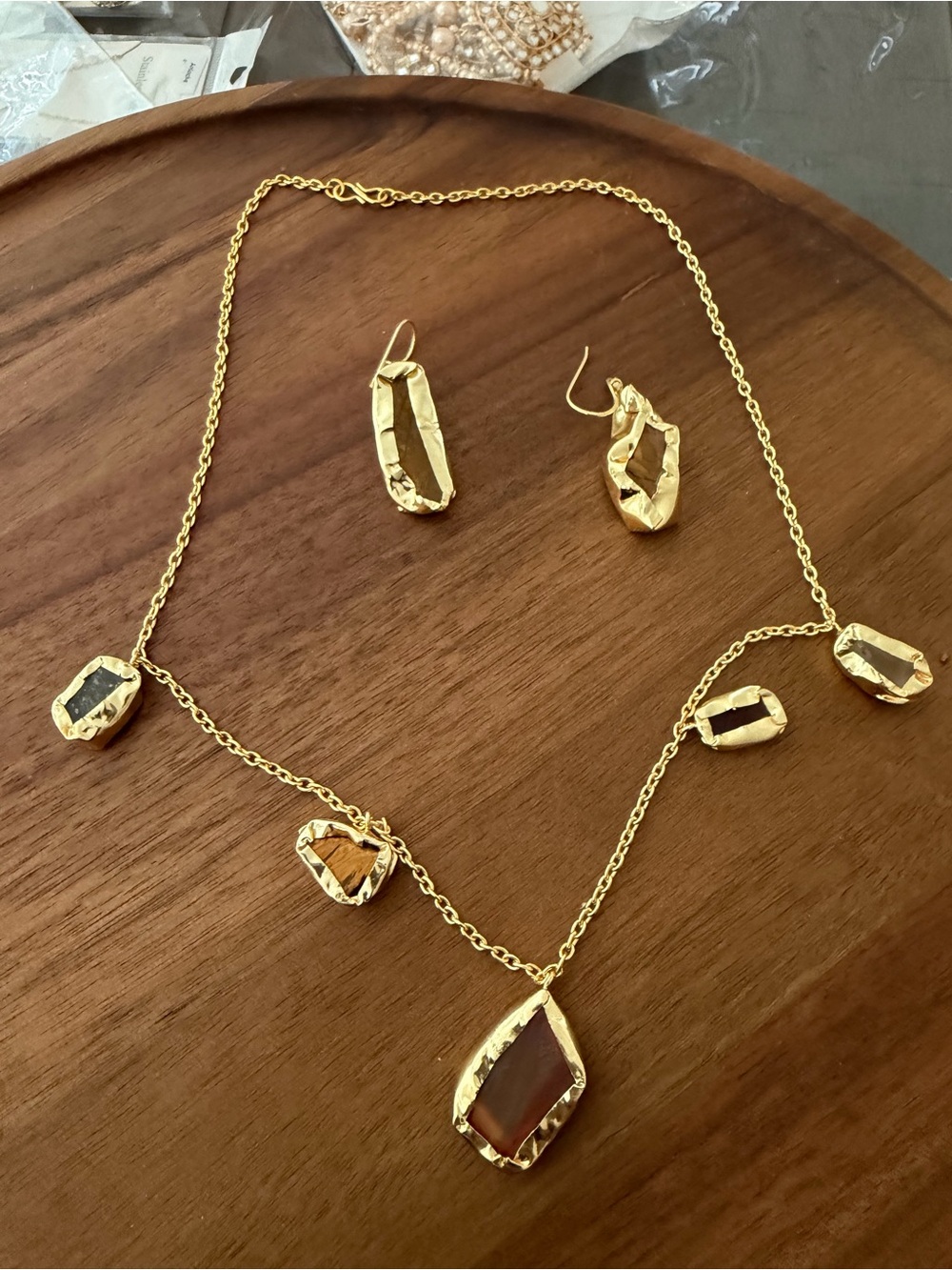 Gold-Tone Pendant Necklace and Earring Set with Brown Gemstones